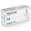 Packaging of MEDGLUV NitraCare Nitrile Exam Gloves MG505 Series, highlighting the powder-free and non-sterile features.