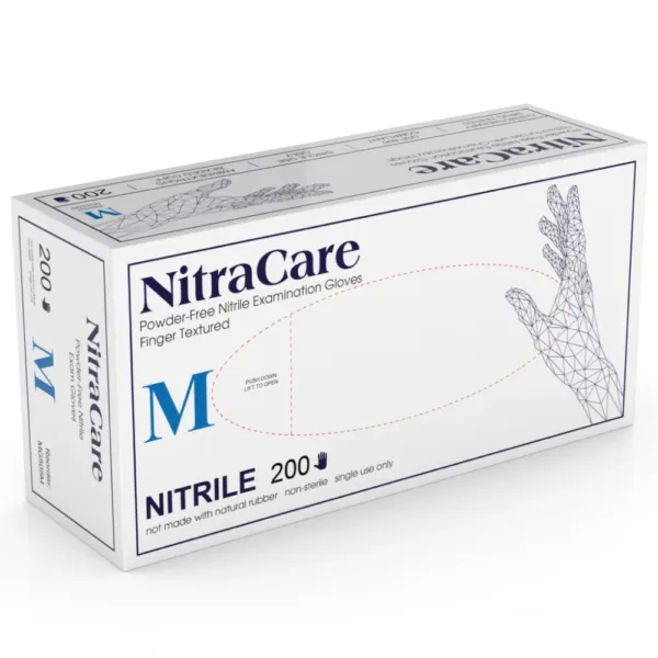 Packaging of MEDGLUV NitraCare Nitrile Exam Gloves MG505 Series, highlighting the powder-free and non-sterile features.