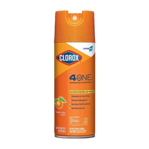 Clorox 4 in One Disinfectant & Sanitizer, Citrus Scent, 14 oz spray can.